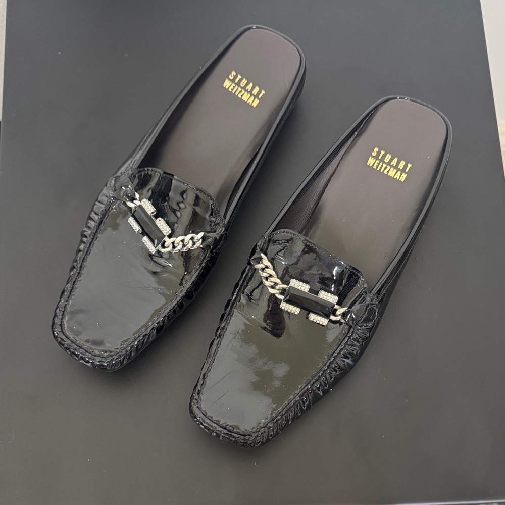 Stuart Weitzman Patent Leather Black Slip-On Loafers Size 7.5 Women EUC Silver
